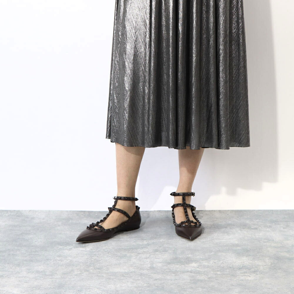 ヴァレンティノ VALENTINO シューズ パンプス レディース ダークブラウン レザー フラットシューズ ロックスタッズ ポインテッドトゥ ヒールなし 2W0S0376VB8