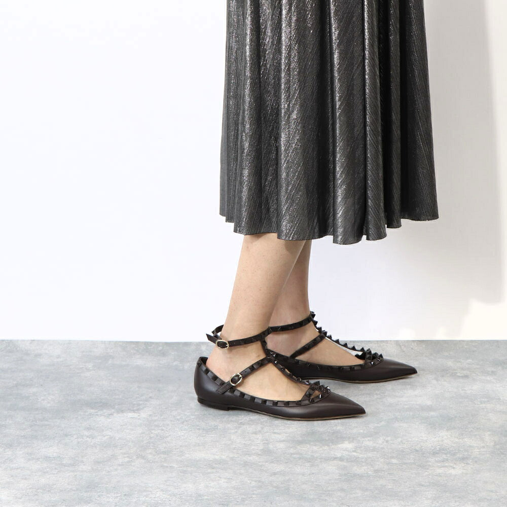 VALENTINO フラット パンプス ロックスタッズ ストラップ レザー