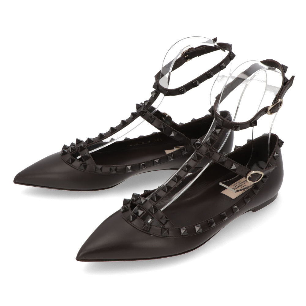 ヴァレンティノ VALENTINO シューズ パンプス レディース ダークブラウン レザー フラットシューズ ロックスタッズ ポインテッドトゥ ヒールなし 2W0S0376VB8