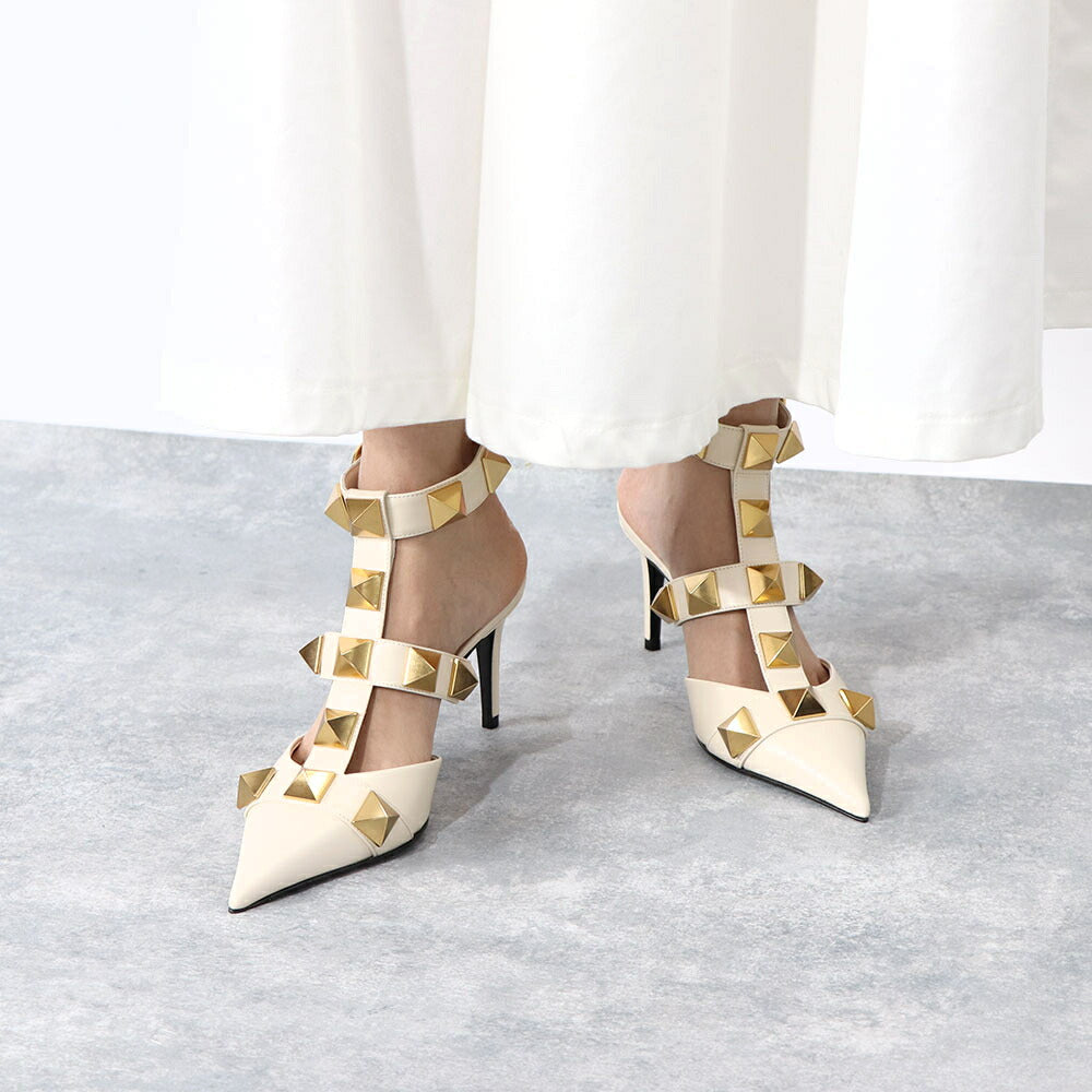 ヴァレンティノ VALENTINO シューズ パンプス レディース ブラック ベージュ アイボリー レザー ローマンスタッズ ポインテッドトゥ ゴールド金具 サンダル ヒールあり 2W2S0CB2ZWM