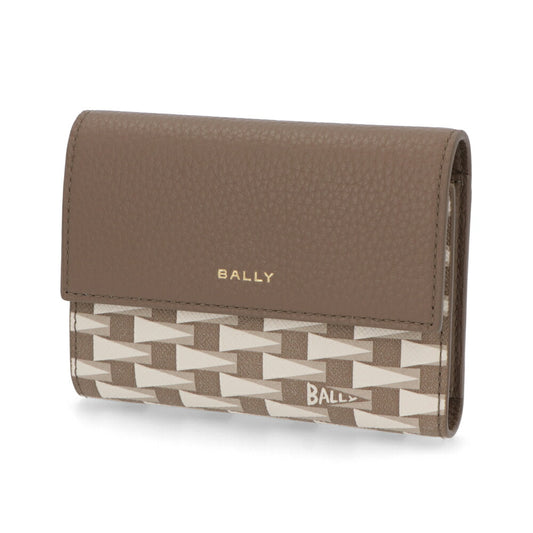 BALLY 三つ折り財布 グレージュ レザー ロゴ ペナントモチーフ