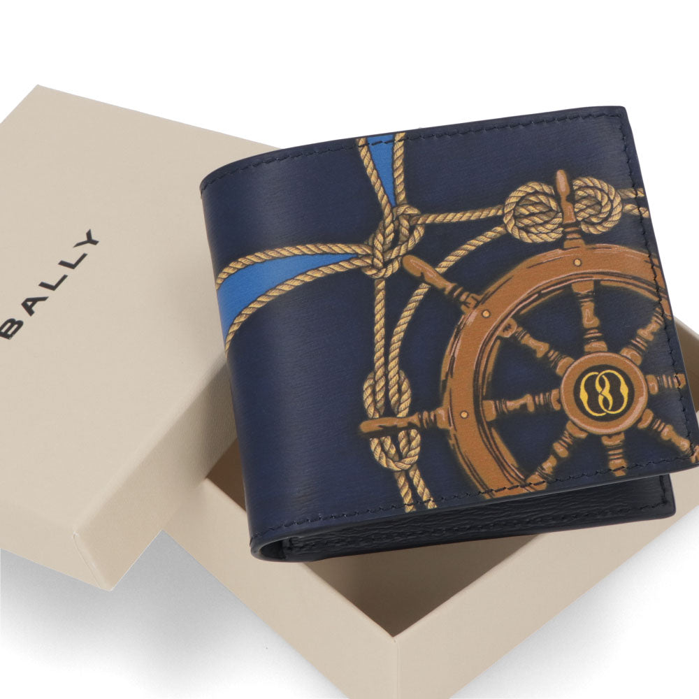 BALLY 二つ折り財布 プリント 航海 カーフレザー