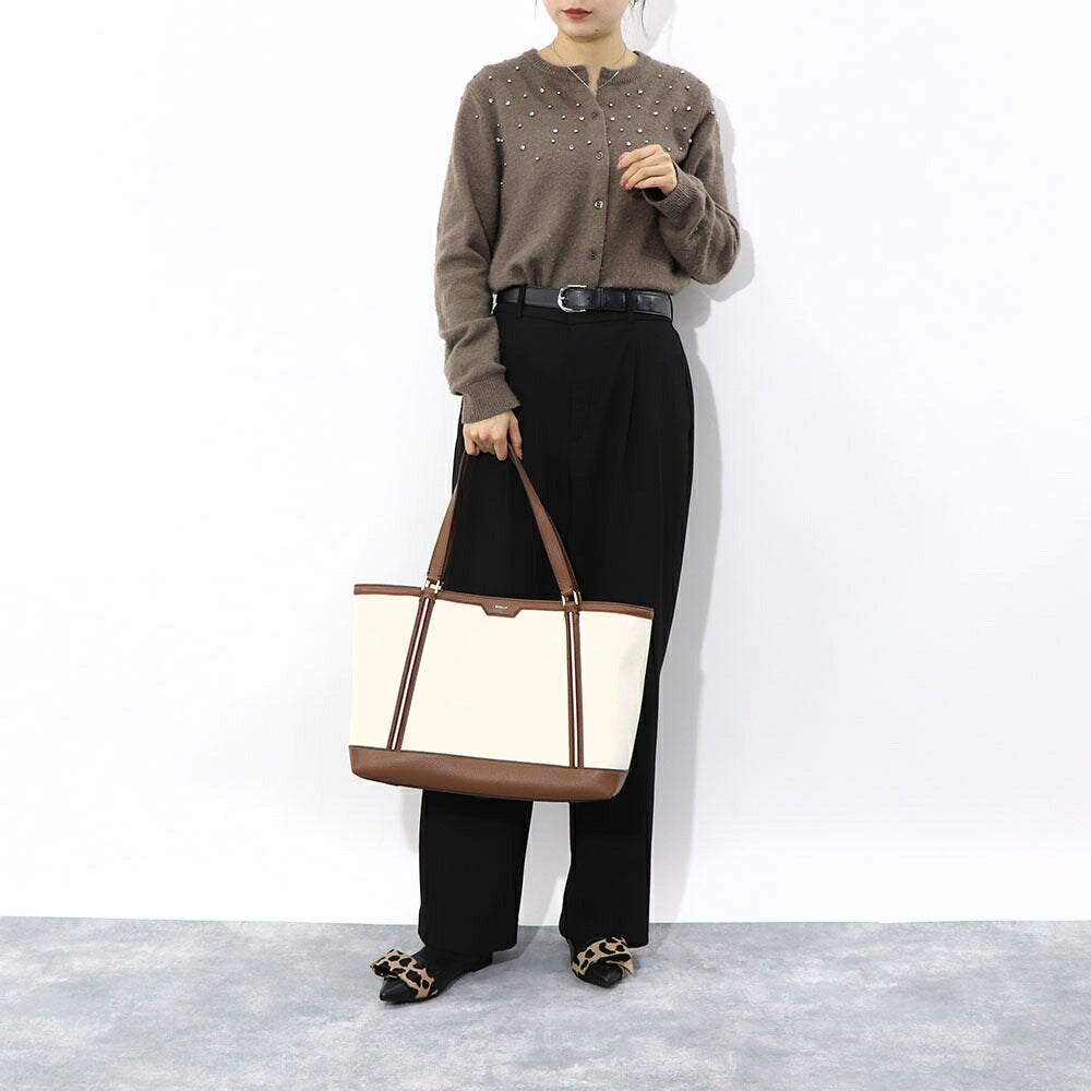バリー BALLY バッグ トートバッグ ユニセックス CODE TOTE LF ホワイト×ブラウン ファブリック レザー メンズ レディース ロゴ ゴールド金具 ミニポーチ シンプル 大容量 WAE03W