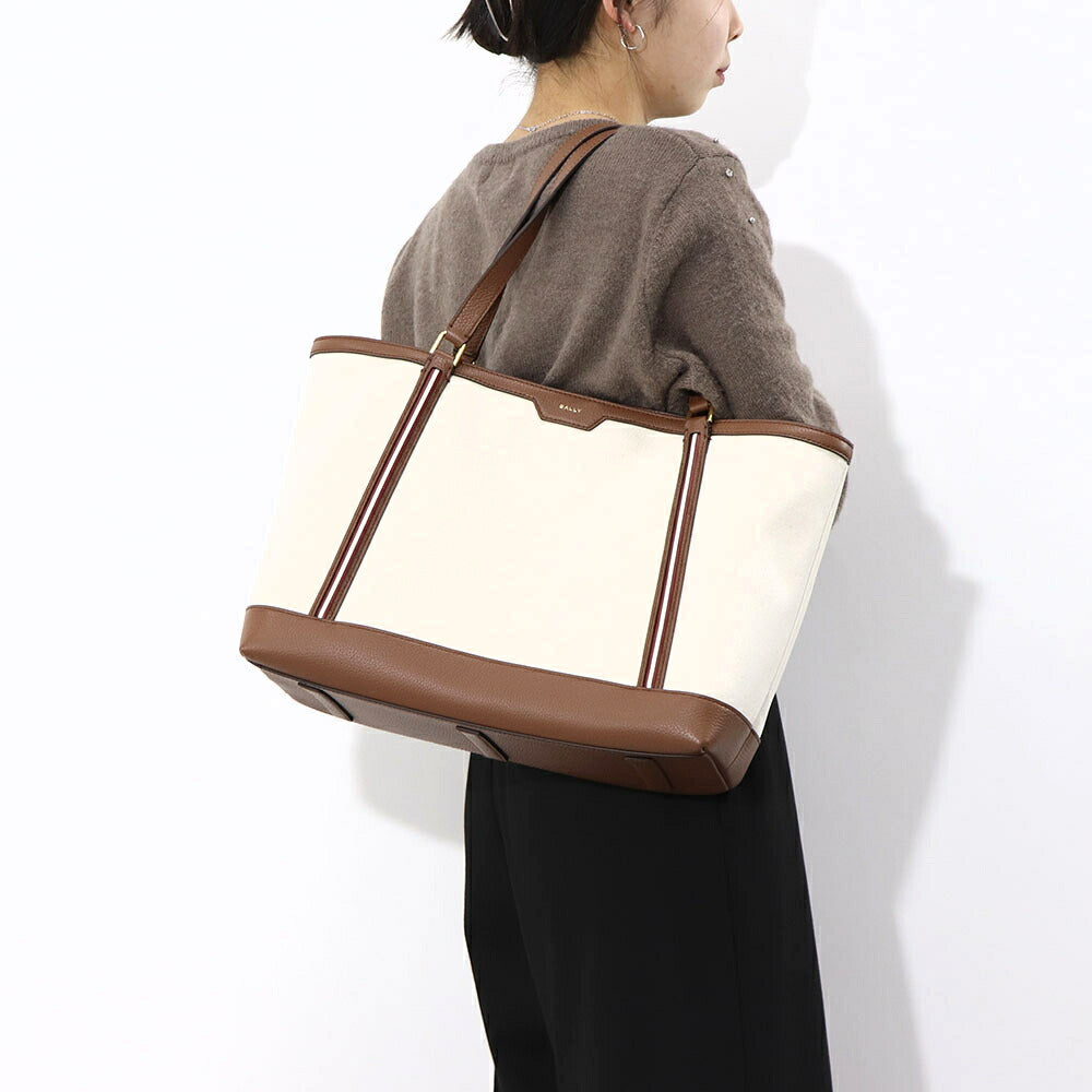 バリー BALLY バッグ トートバッグ ユニセックス CODE TOTE LF ホワイト×ブラウン ファブリック レザー メンズ レディース ロゴ ゴールド金具 ミニポーチ シンプル 大容量 WAE03W