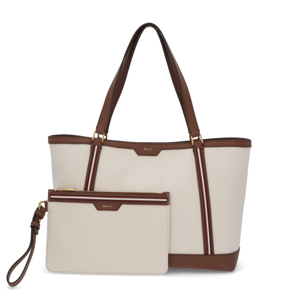 バリー BALLY バッグ トートバッグ ユニセックス CODE TOTE LF ホワイト×ブラウン ファブリック レザー メンズ レディース ロゴ ゴールド金具 ミニポーチ シンプル 大容量 WAE03W