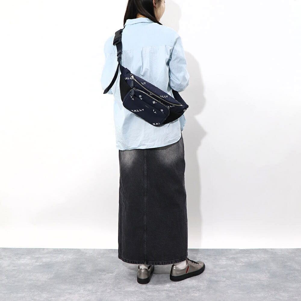 バリー BALLY バッグ ボディバッグ ユニセックス CODE BELT BAG ネイビー ブラック ナイロン レザー メンズ レディース ロゴプリント 総柄 MAS01W