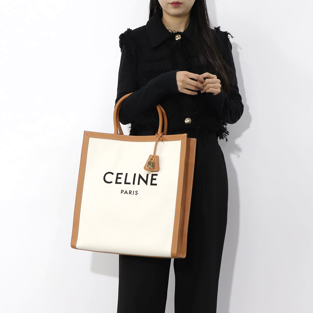 【廃盤】セリーヌ CELINE バッグ トートバッグ レディース ナチュラル タン キャンバス レザー ロゴ A4サイズ収納