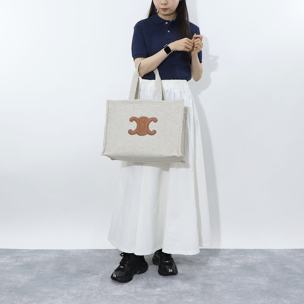 セリーヌ CELINE バッグ トートバッグ レディース Large Cabas ラージ カバ ベージュ×ブラウン ヴァージンウール ポリエステル アクリル トリオンフ レザー ストライプ 鞄 Beige A4 大容量 19676 2FEE