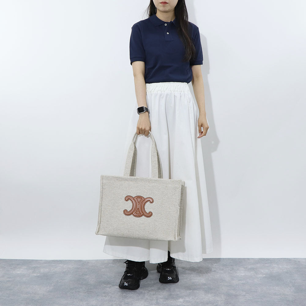 セリーヌ CELINE バッグ トートバッグ レディース Large Cabas ラージ カバ ベージュ×ブラウン ヴァージンウール ポリエステル アクリル トリオンフ レザー ストライプ 鞄 Beige A4 大容量 19676 2FEE