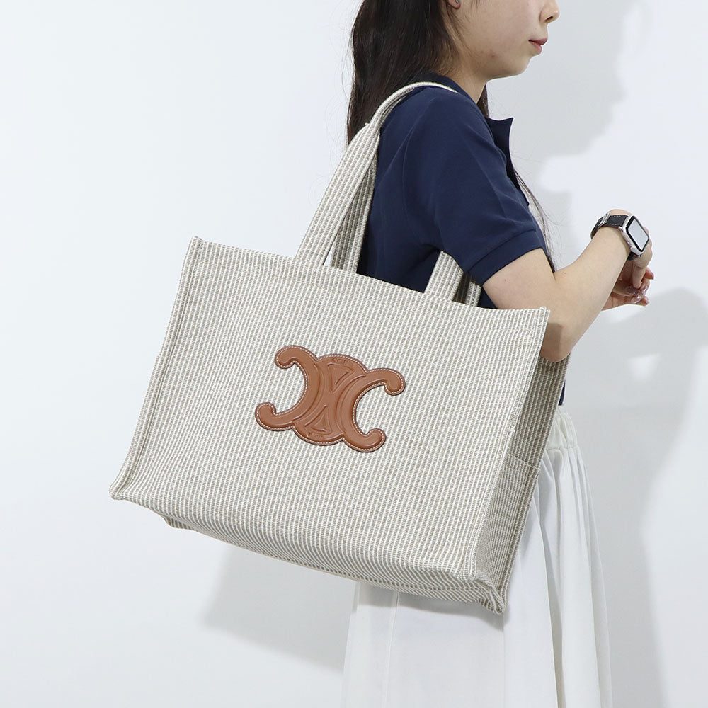 セリーヌ CELINE バッグ トートバッグ レディース Large Cabas ラージ カバ ベージュ×ブラウン ヴァージンウール ポリエステル アクリル トリオンフ レザー ストライプ 鞄 Beige A4 大容量 19676 2FEE