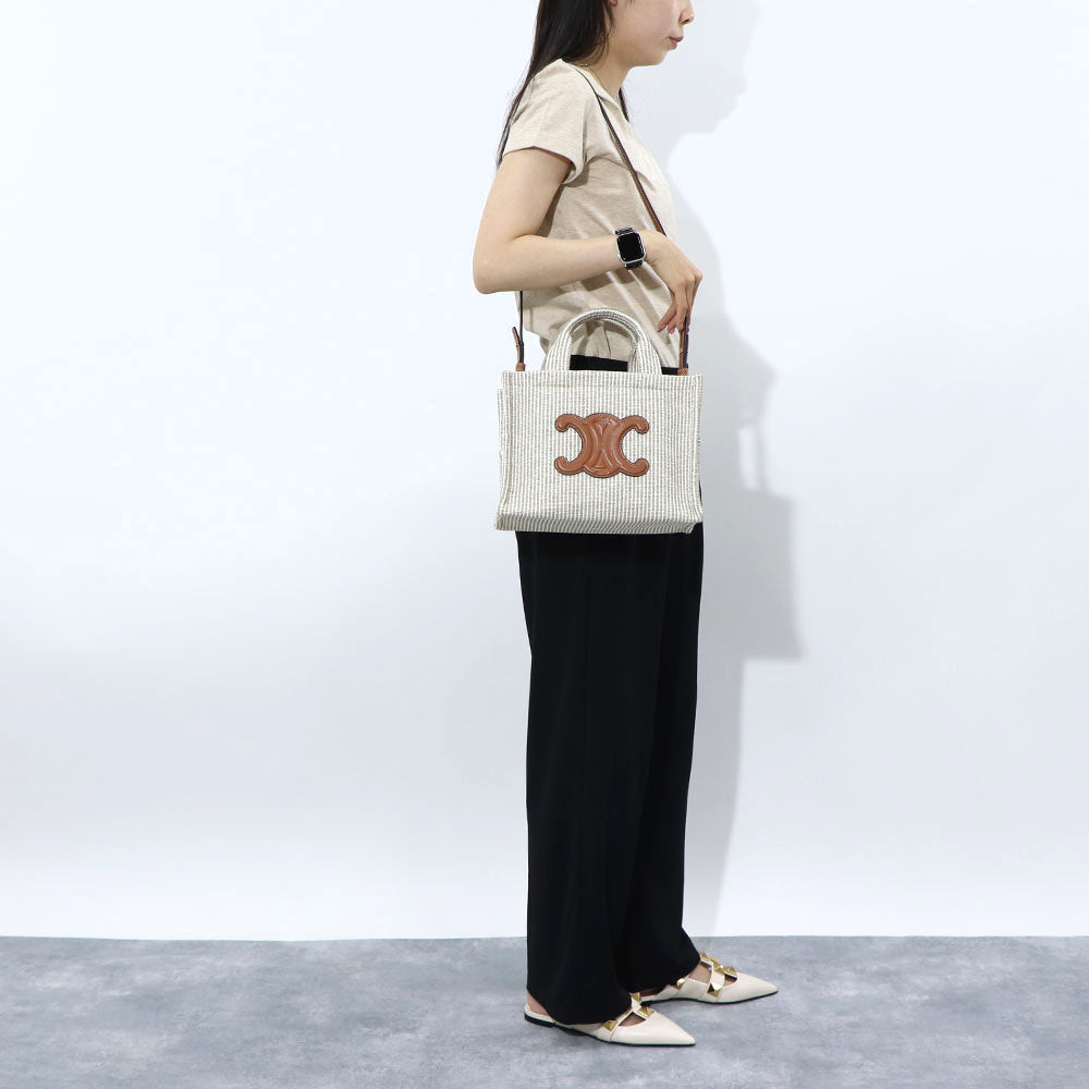 セリーヌ CELINE バッグ ハンドバッグ レディース Small Cabas スモール カバ タイス ベージュ×ブラウン系 テキスタイル カーフスキン ショルダーバッグ 2way 鞄 Triomphe トリオンフ ストライプ Beige 19916 2FEE