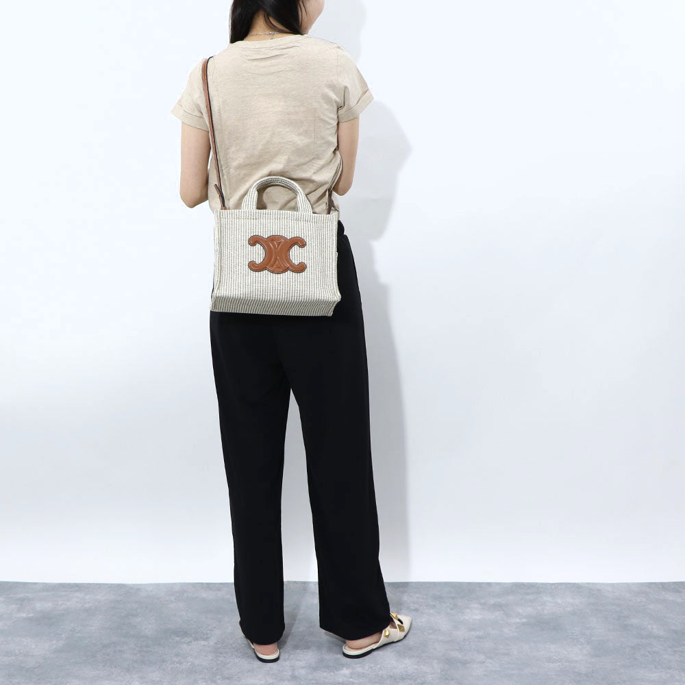 セリーヌ CELINE バッグ ハンドバッグ レディース Small Cabas スモール カバ タイス ベージュ×ブラウン系 テキスタイル カーフスキン ショルダーバッグ 2way 鞄 Triomphe トリオンフ ストライプ Beige 19916 2FEE