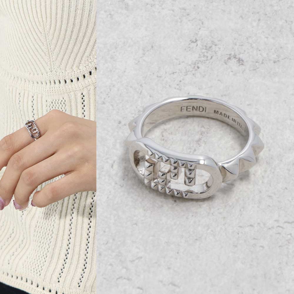 FENDI リング シルバー ロゴ ストーン スタッズ
