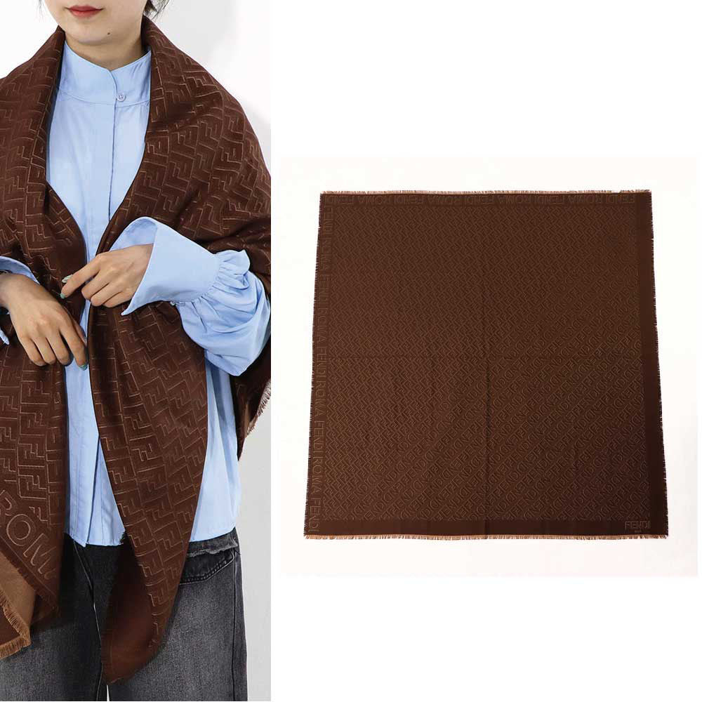 FENDI スカーフ ブラウン シルク ウール ロゴ 総柄