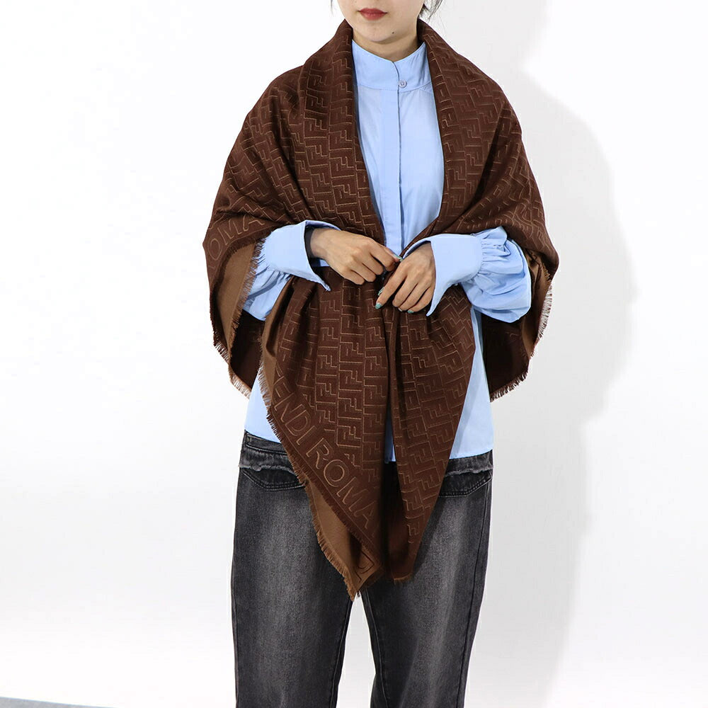 FENDI スカーフ ブラウン シルク ウール ロゴ 総柄