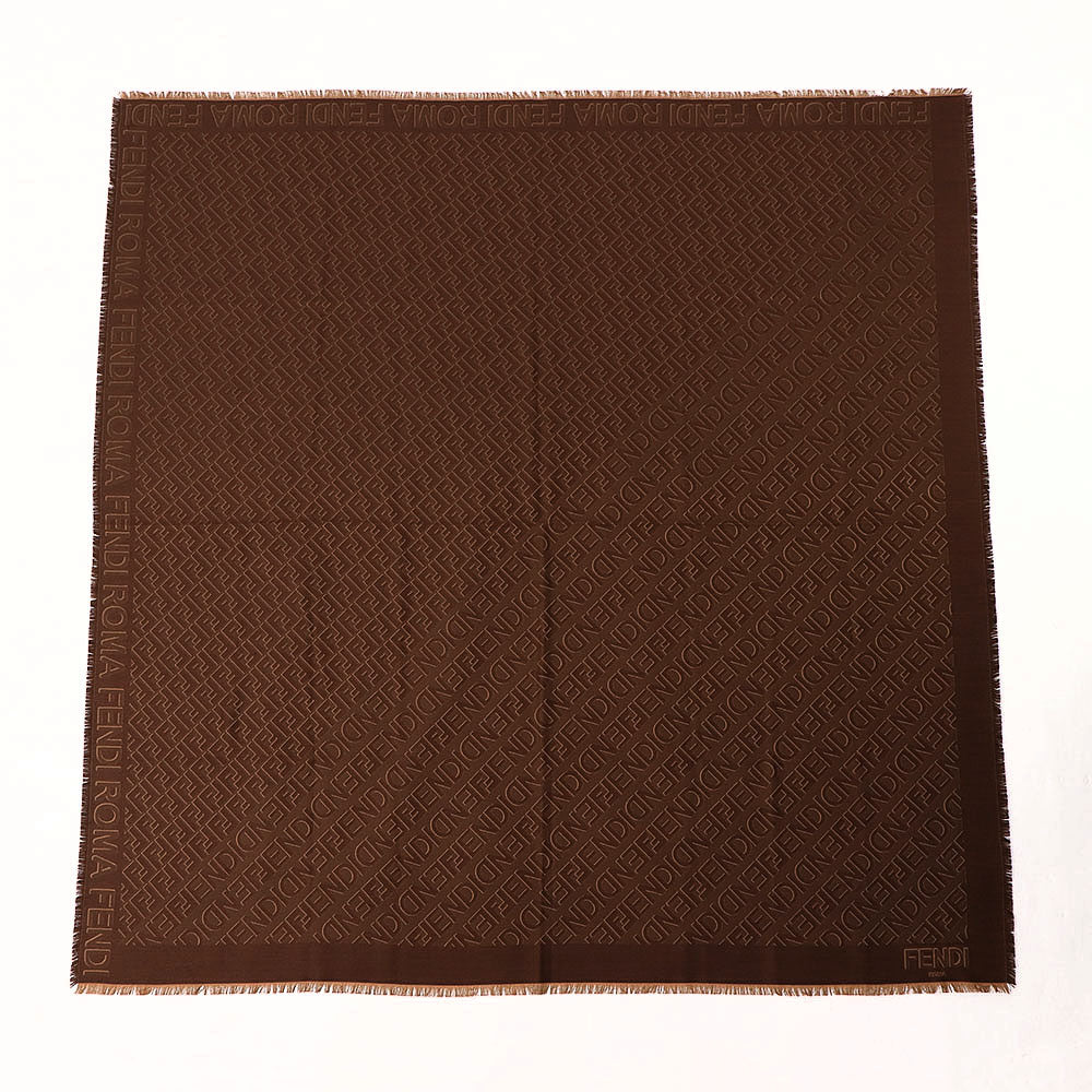 FENDI スカーフ ブラウン シルク ウール ロゴ 総柄