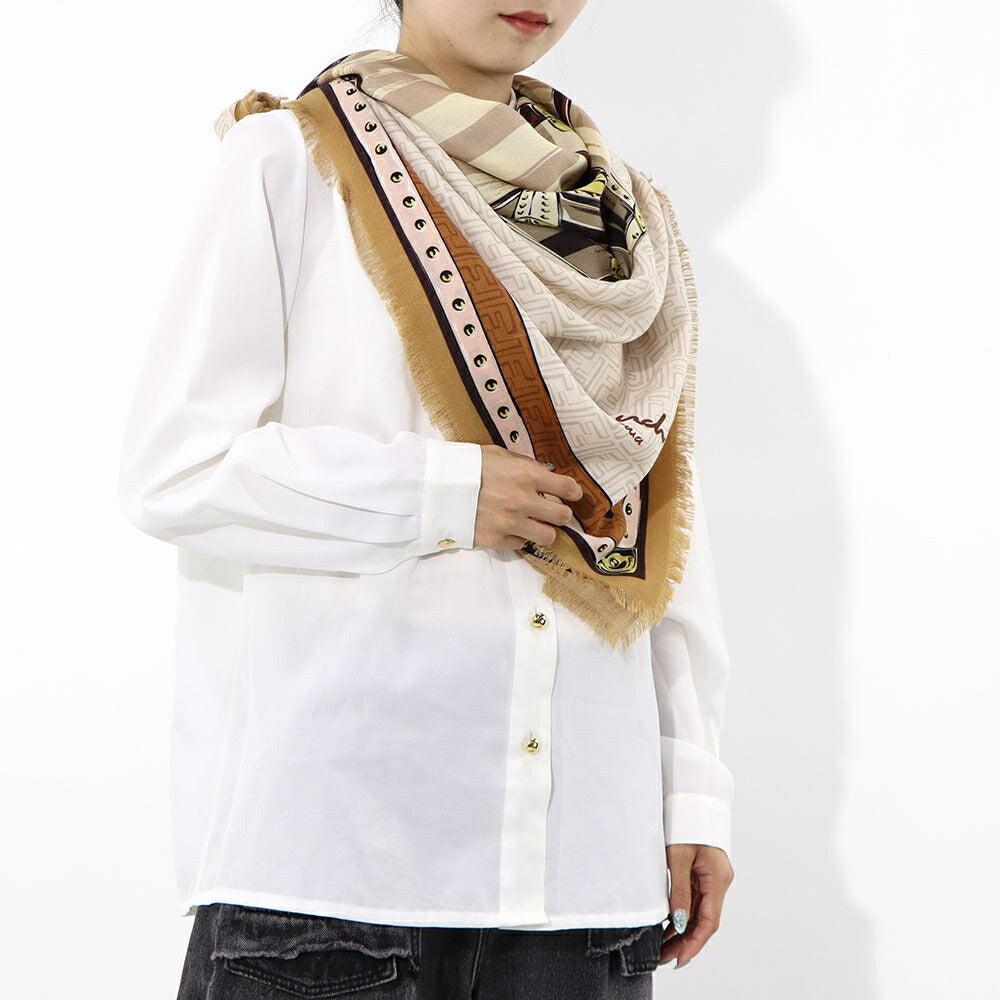 FENDI スカーフ ブラウン×ホワイト 正方形 モノグラム