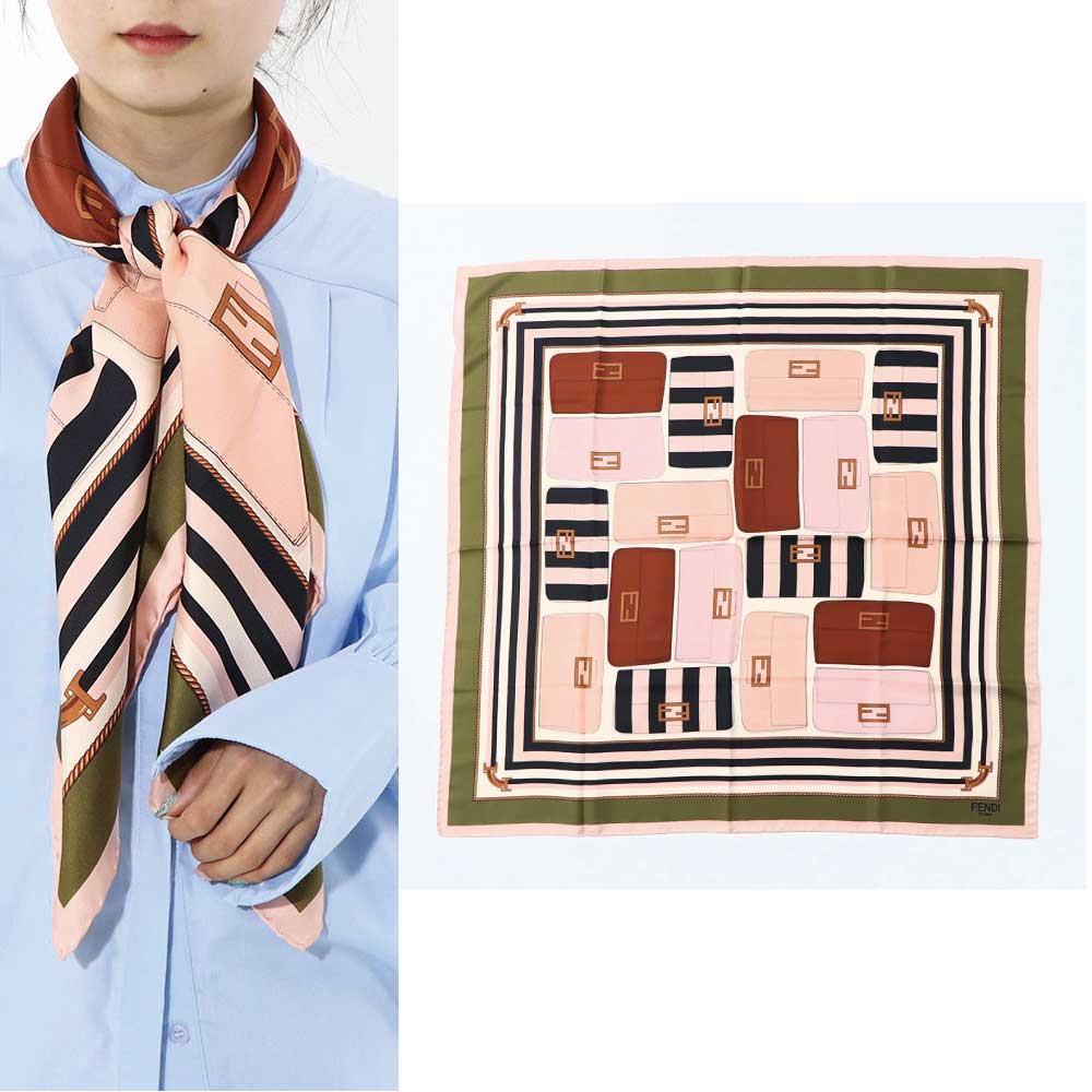 FENDI スカーフ ピンク×グリーン シルク 金具モチーフ イラスト