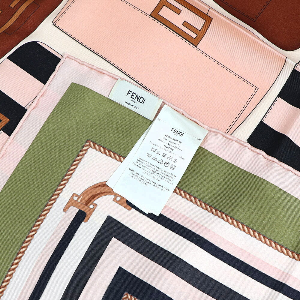 FENDI スカーフ ピンク×グリーン シルク 金具モチーフ イラスト