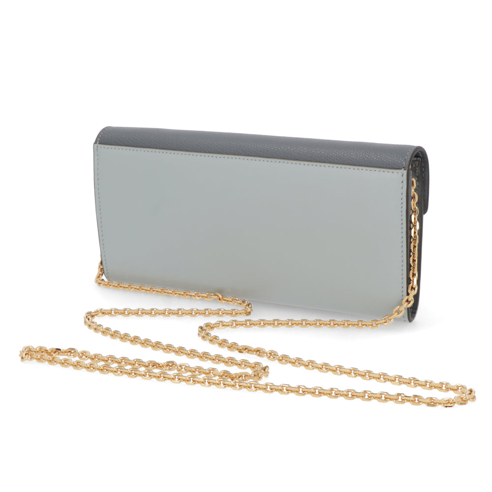 FENDI FFダイヤモンド チェーン付き長財布 グレー×ライトブルー