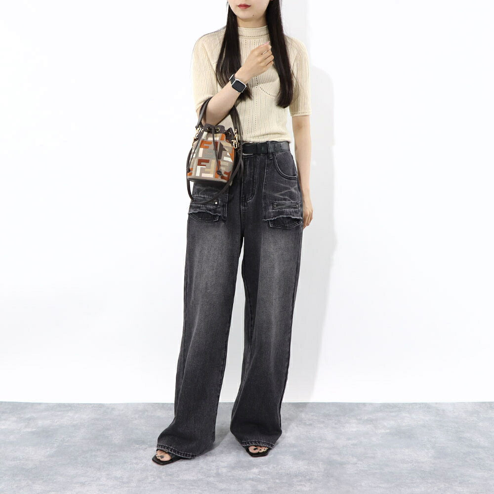 フェンディ FENDI バッグ ハンドバッグ レディース MINI MON TRESOR ミニ モン トレゾール グレージュ×アイボリー ダークブラウン×グレージュ カーフレザー キャンバス ショルダーバッグ 2way FFロゴ ズッカ柄 巾着 鞄 2色 8BS010 APKE