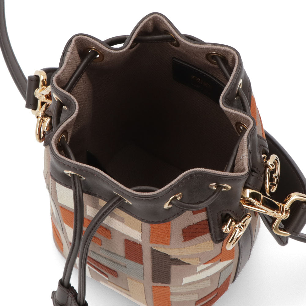 フェンディ FENDI バッグ ハンドバッグ レディース MINI MON TRESOR ミニ モン トレゾール グレージュ×アイボリー ダークブラウン×グレージュ カーフレザー キャンバス ショルダーバッグ 2way FFロゴ ズッカ柄 巾着 鞄 2色 8BS010 APKE