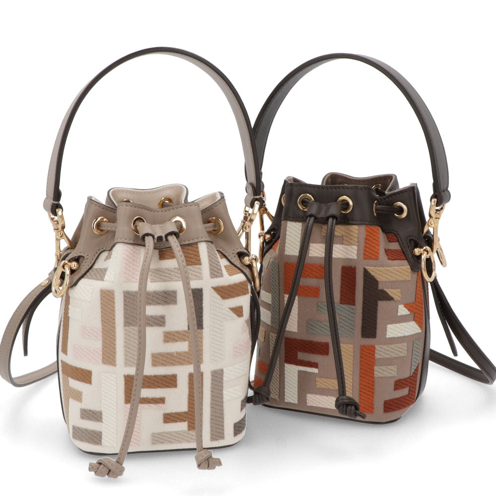 フェンディ FENDI バッグ ハンドバッグ レディース MINI MON TRESOR ミニ モン トレゾール グレージュ×アイボリー ダークブラウン×グレージュ カーフレザー キャンバス ショルダーバッグ 2way FFロゴ ズッカ柄 巾着 鞄 2色 8BS010 APKE