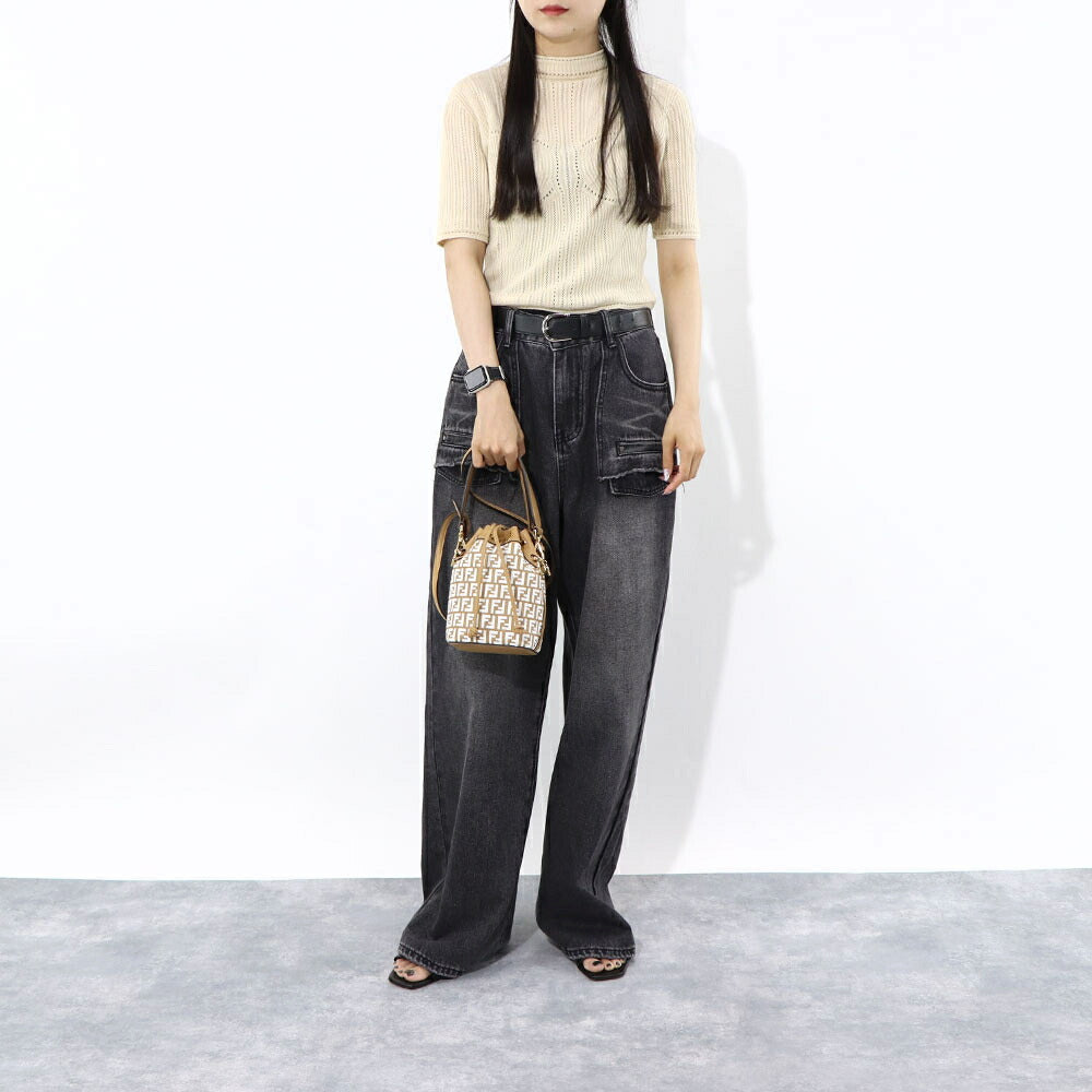 フェンディ FENDI バッグ ハンドバッグ レディース MINI MON TRESOR ミニ モン トレゾール ベージュ系×ホワイト カーフレザー ショルダーバッグ 2way FFロゴ ズッカ柄 巾着 鞄 8BS010 AQ19