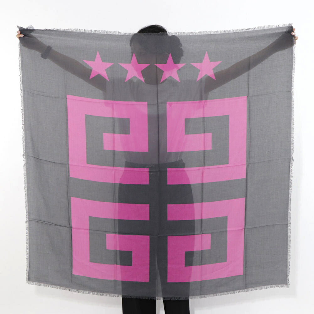 ジバンシィ GIVENCHY マフラー・ストール・スカーフ ストール ユニセックス グレー×ピンク ポリノジック カシミヤ ロゴ スター Gモチーフ 大判ストール フリンジ 32GVMFGV1212SQ57402