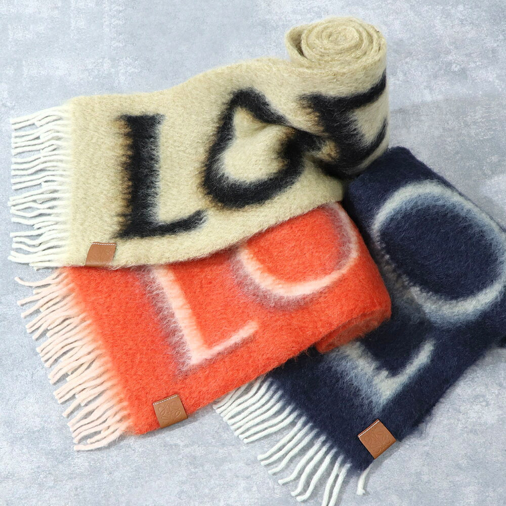 ロエベ LOEWE マフラー・ストール・スカーフ マフラー レディース ベージュ系 ネイビー オレンジ ウール モヘア ロゴ アナグラム フリンジ ストール カラー3色 F811257X03