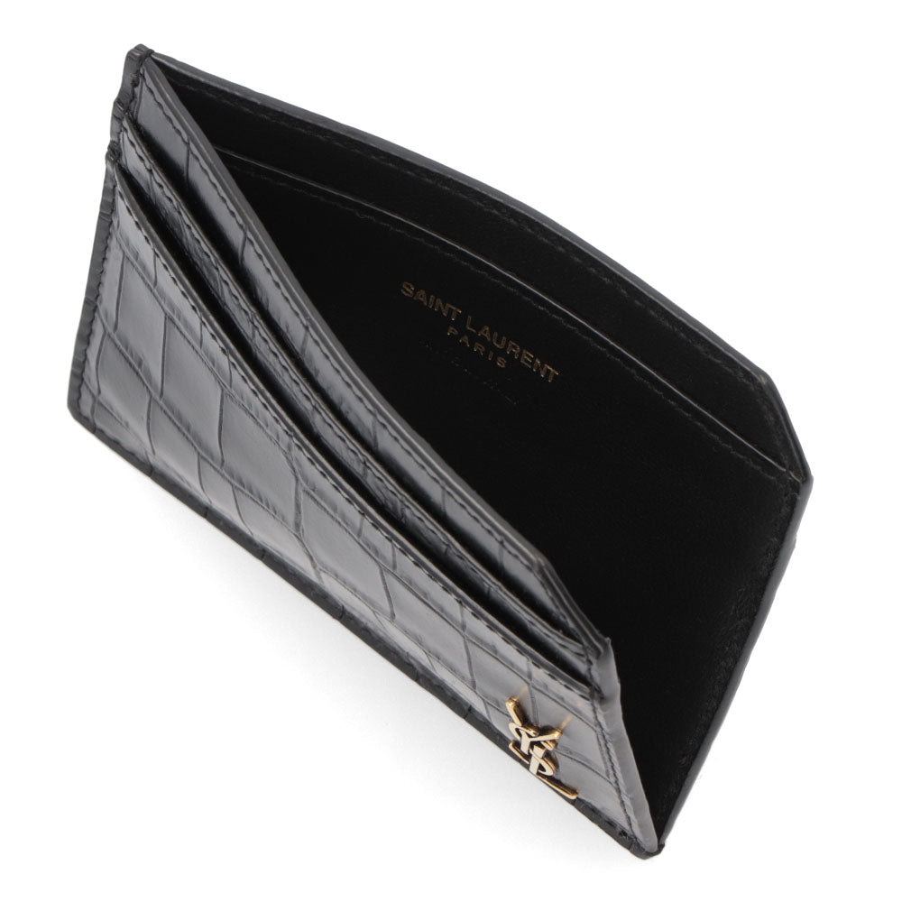 サンローラン SAINT LAURENT 雑貨 カードケース レディース ブラック ラムレザー カーフレザー カサンドラロゴ クロコ柄 型押し スリム 758203 DZEDW