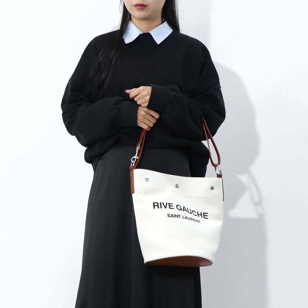 サンローラン SAINT LAURENT バッグ トートバッグ レディース アイボリー×ブラウン コットン リネン レザー リヴゴーシュ ロゴ