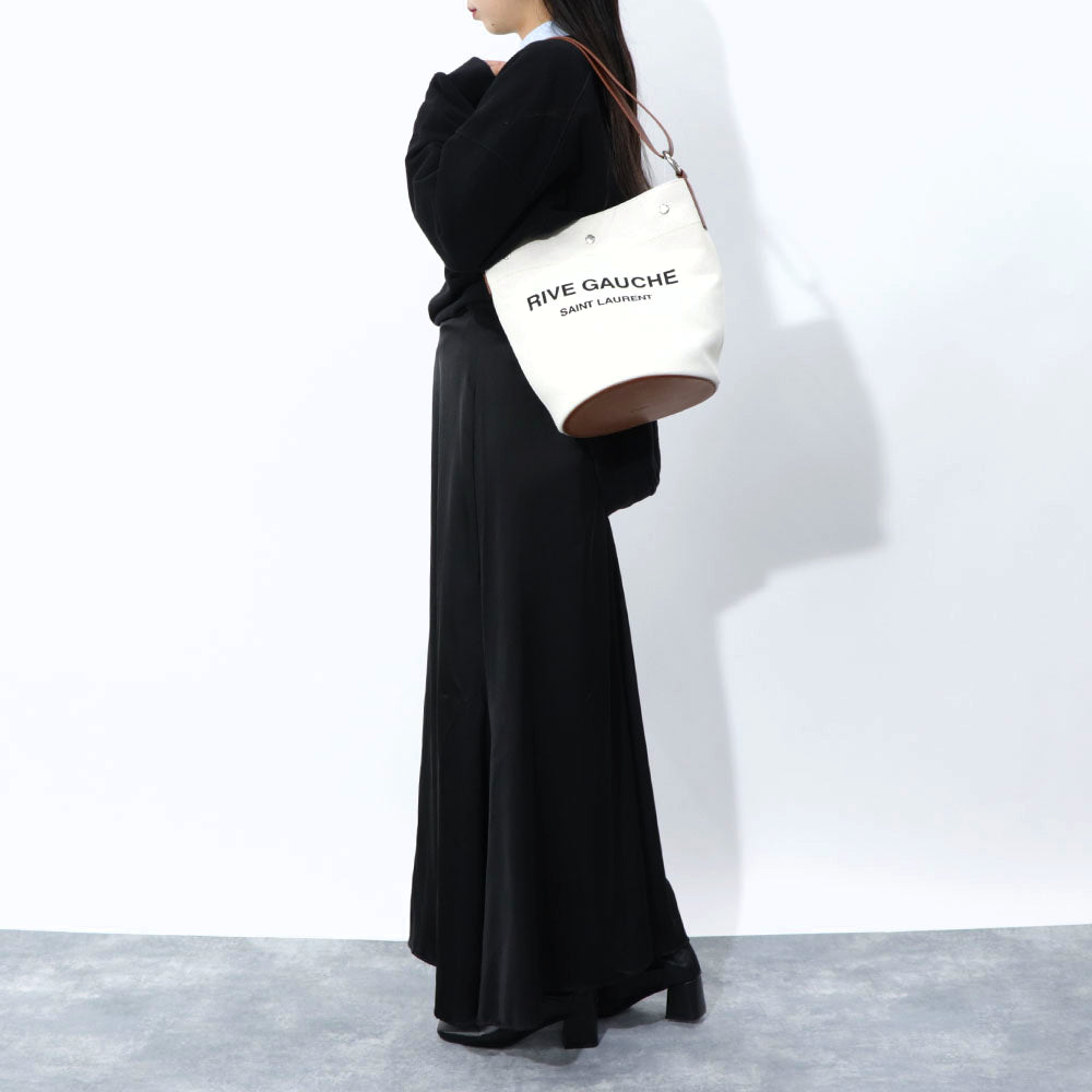 サンローラン SAINT LAURENT バッグ トートバッグ レディース アイボリー×ブラウン コットン リネン レザー リヴゴーシュ ロゴ