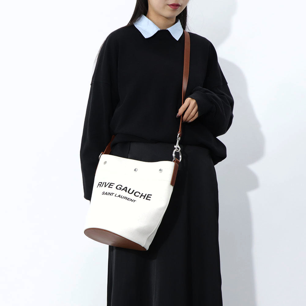 サンローラン SAINT LAURENT バッグ トートバッグ レディース アイボリー×ブラウン コットン リネン レザー リヴゴーシュ ロゴ