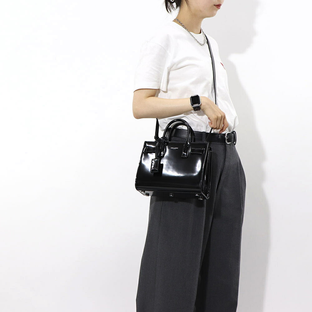 サンローラン SAINT LAURENT バッグ ハンドバッグ レディース サック ドジュール ナノ ブラック パテン トレザー ショルダーバッグ 2way エナメル ロゴ チャーム付き 鞄 398711 AAB9H
