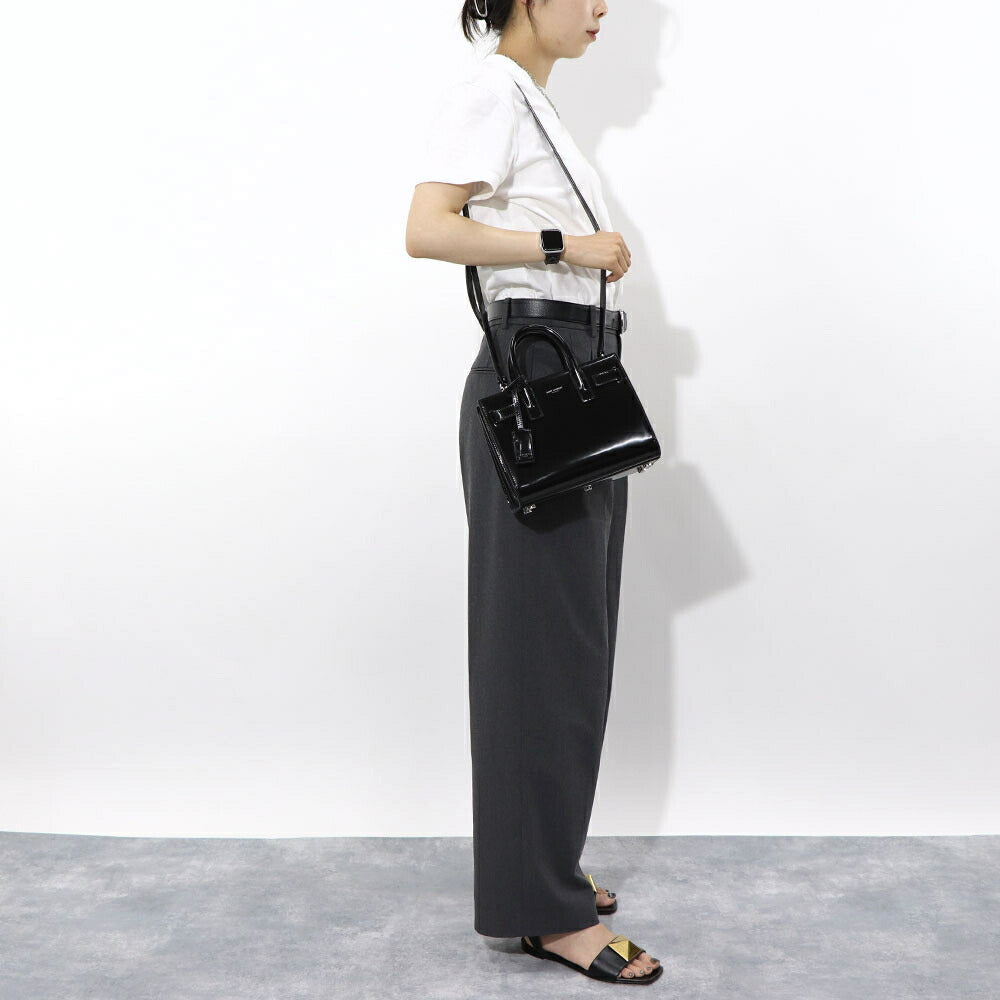 サンローラン SAINT LAURENT バッグ ハンドバッグ レディース サック ドジュール ナノ ブラック パテン トレザー ショルダーバッグ 2way エナメル ロゴ チャーム付き 鞄 398711 AAB9H