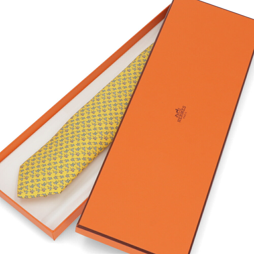 エルメス HERMES ネクタイ シルクツイルタイ メンズ イエロー ブルー系 アズュール シエル H・アン・ムーブメント シルク100%