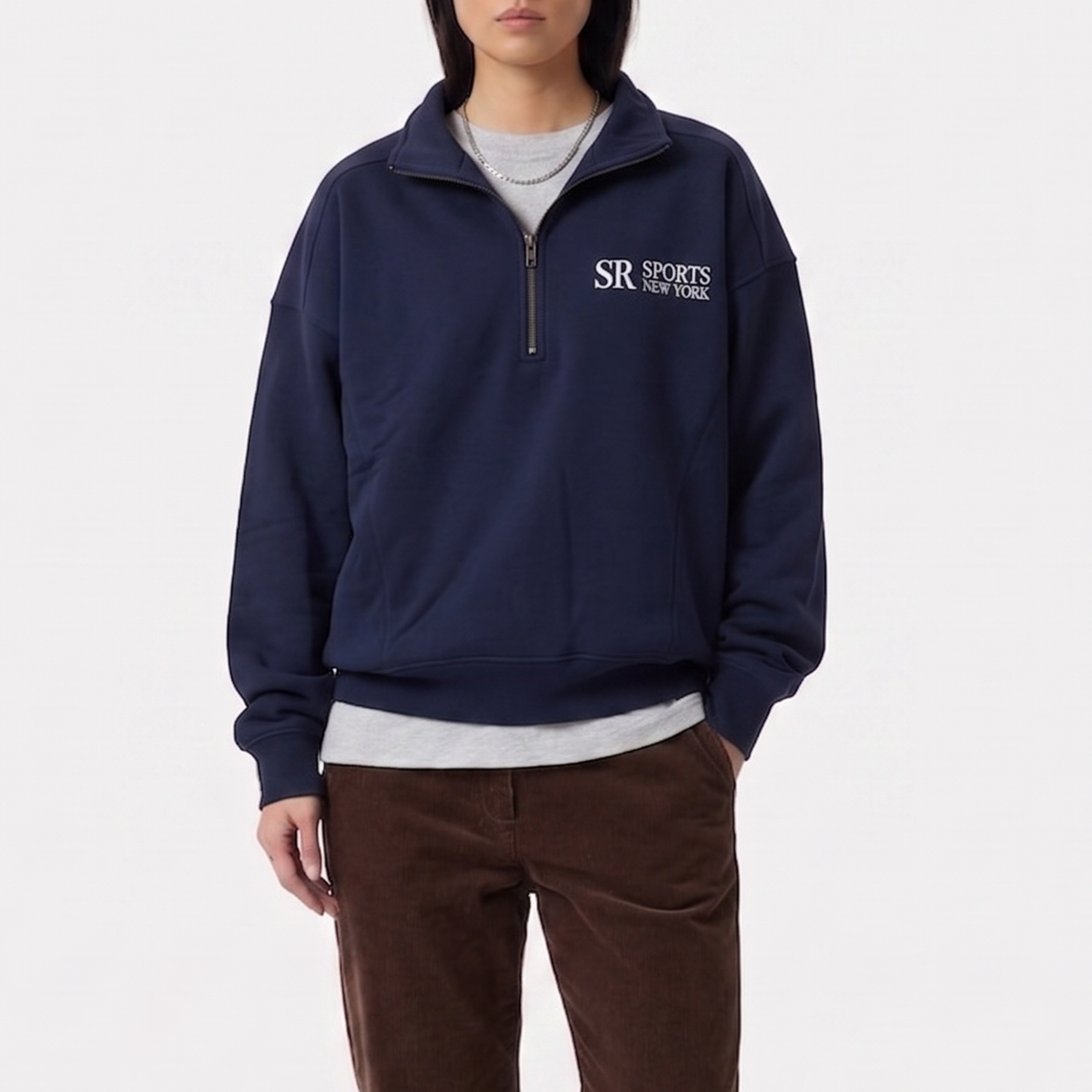 Sporty＆Rich トレーナー ネイビー ハーフジップ クロップド丈