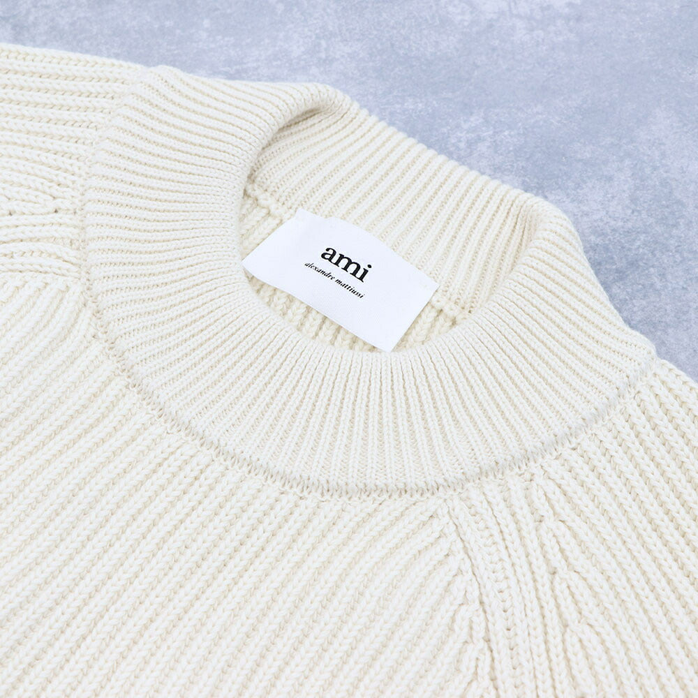 AMI PARIS ニット アイボリー コットン ウール イングリッシュリブ フェルトパッチ FKS024.KN0031