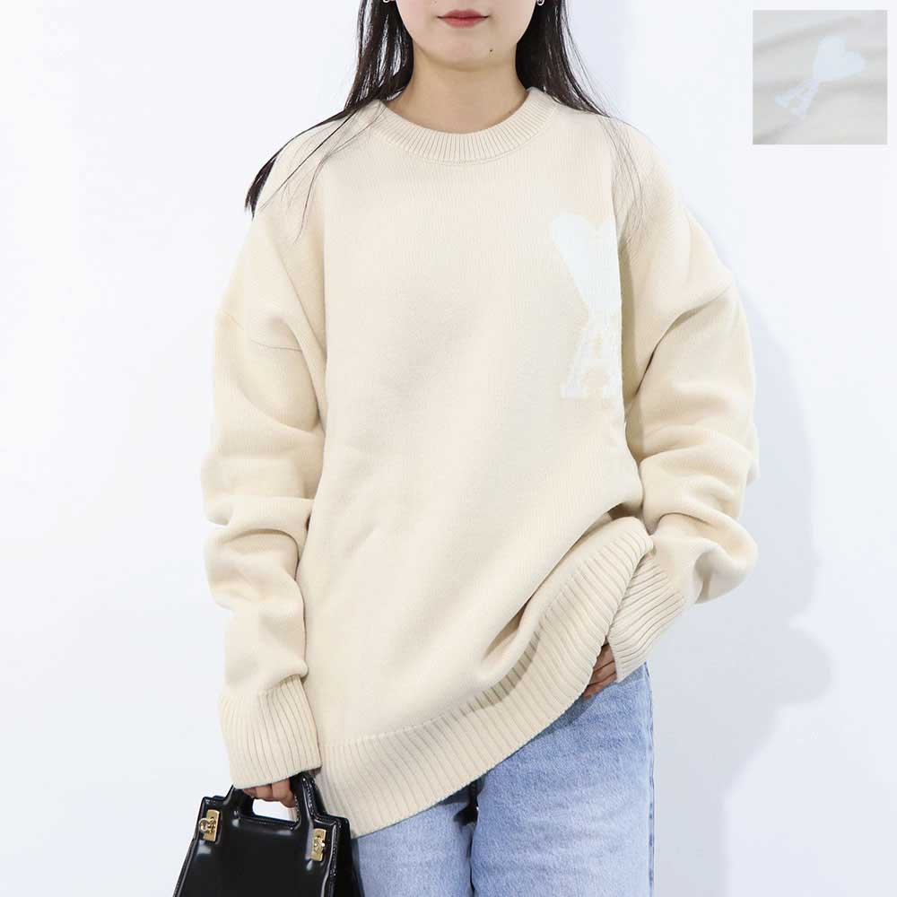 AMI PARIS ニット アイボリー ハートロゴ ワンポイント  UKS002.018