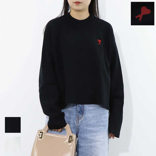 AMI PARIS ニット ブラック ホワイト ハートロゴ 刺繍 UKS046.KN0042