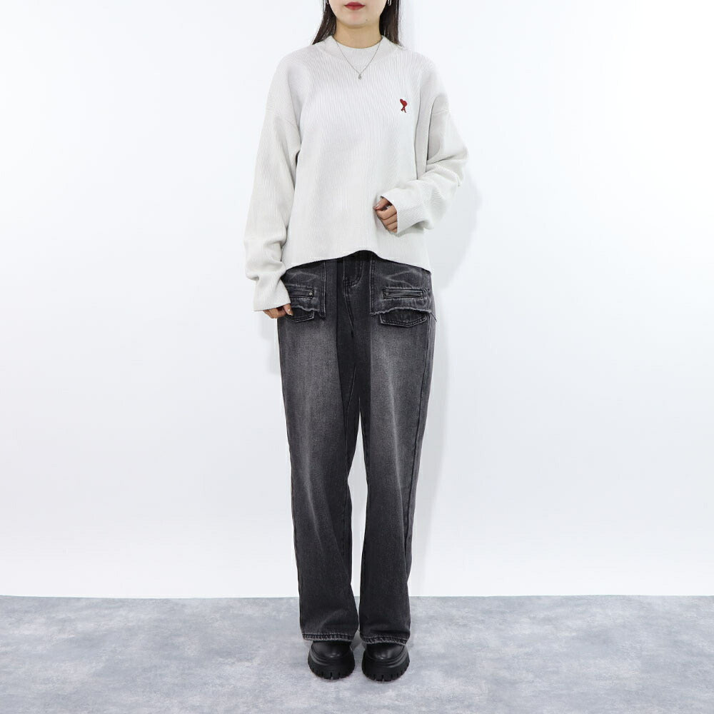 AMI PARIS ニット ブラック ホワイト ハートロゴ 刺繍 UKS046.KN0042