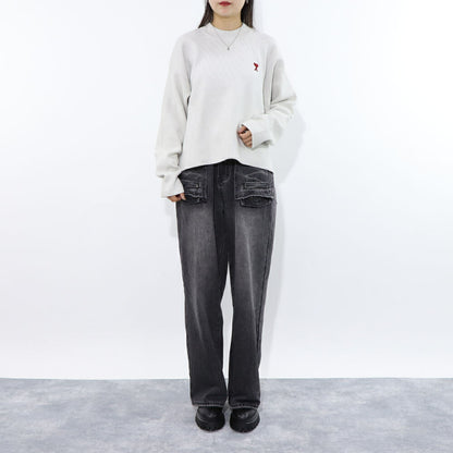 AMI PARIS ニット ブラック ホワイト ハートロゴ 刺繍 UKS046.KN0042