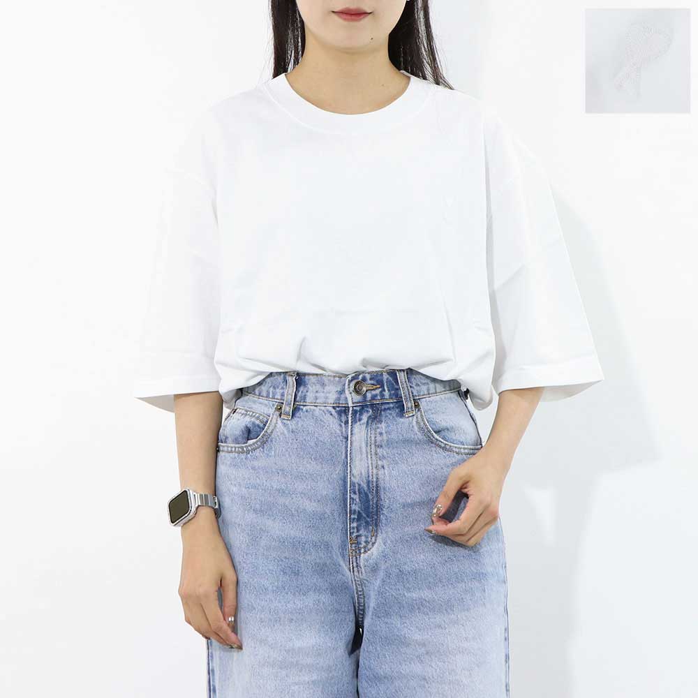 AMI PARIS Tシャツ ホワイト ハートロゴ 刺繍 半袖 UTS040.JE0090