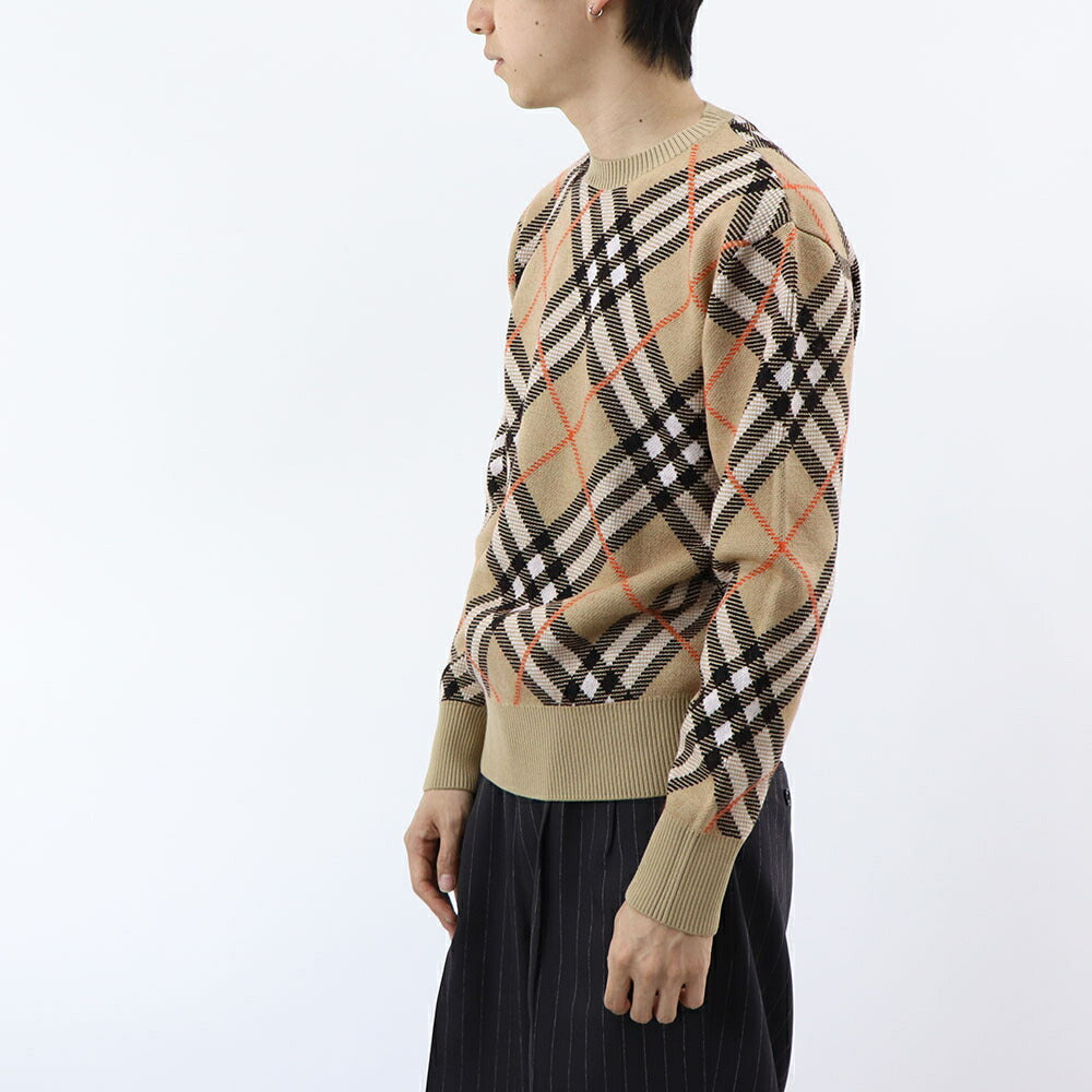 BURBERRY ニット ベージュ チェック柄 クルーネック 8093486