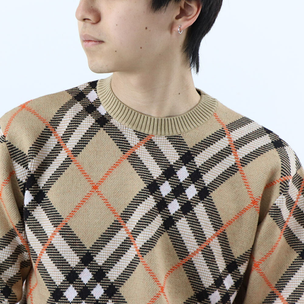 BURBERRY ニット ベージュ チェック柄 クルーネック 8093486