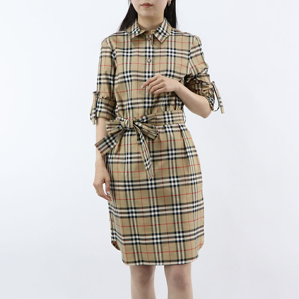 BURBERRY ワンピース ベージュ チェック柄リボン ベルト 8085647