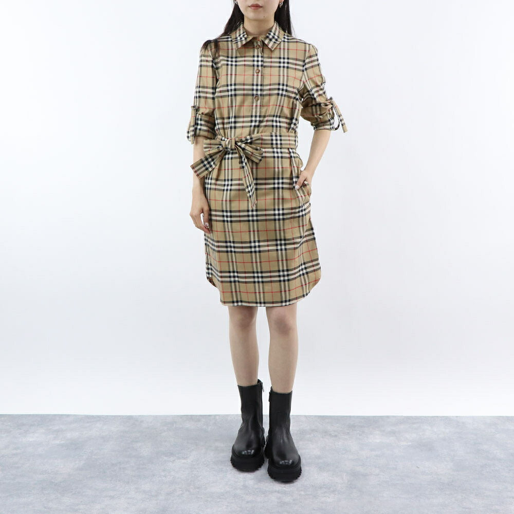BURBERRY ワンピース ベージュ チェック柄リボン ベルト 8085647