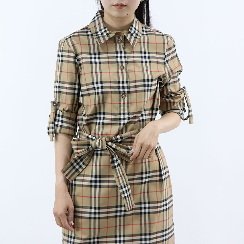 BURBERRY ワンピース ベージュ チェック柄リボン ベルト 8085647