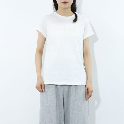 クロエ Chloe トップス Tシャツ・カットソー レディース ホワイト コットン ロゴ 刺繍 クルーネック キッズモデル カットソー 半袖 C20110 117